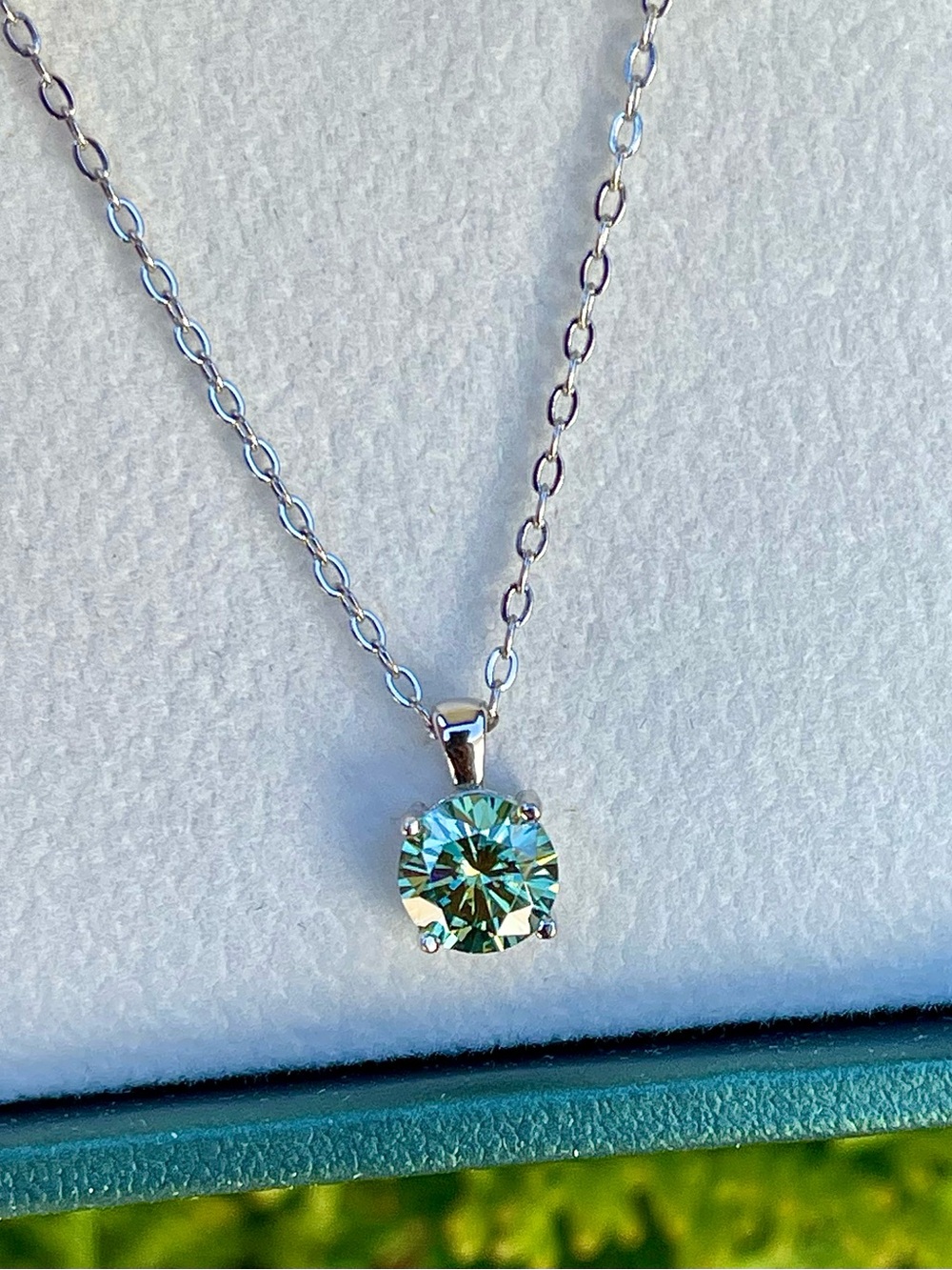 1ct Cyan Blue Green Moissanite 925 Sterling Silver Minimalist Necklace Bridal
